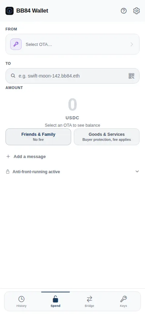BB84 Wallet send screen with username recipient and USDC amount