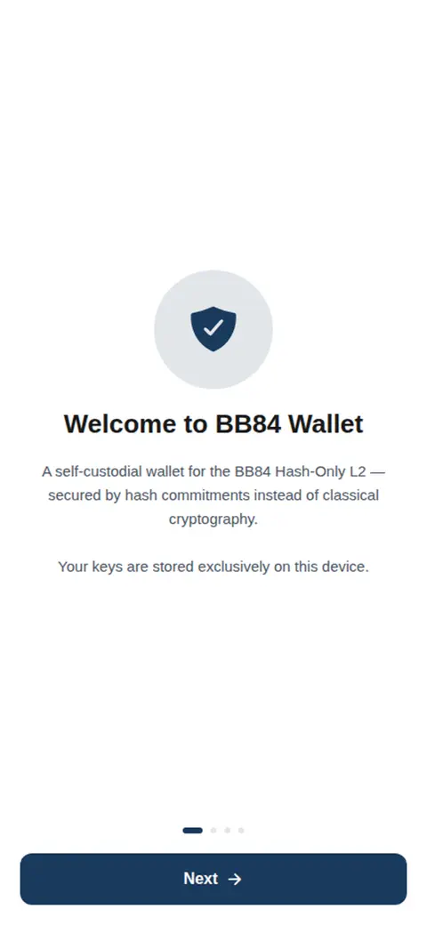 BB84 Wallet welcome screen: self-custodial wallet secured by hash commitments